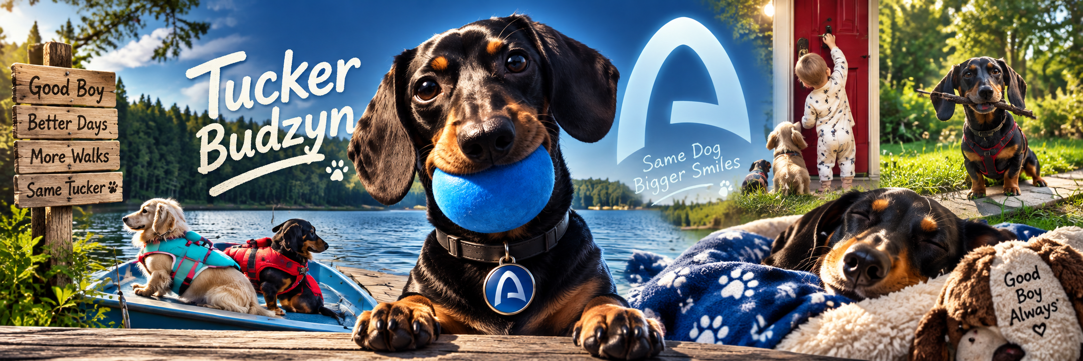 Wide Tucker Budzyn banner with lake, family doorway, and Good Boy Always scenes
