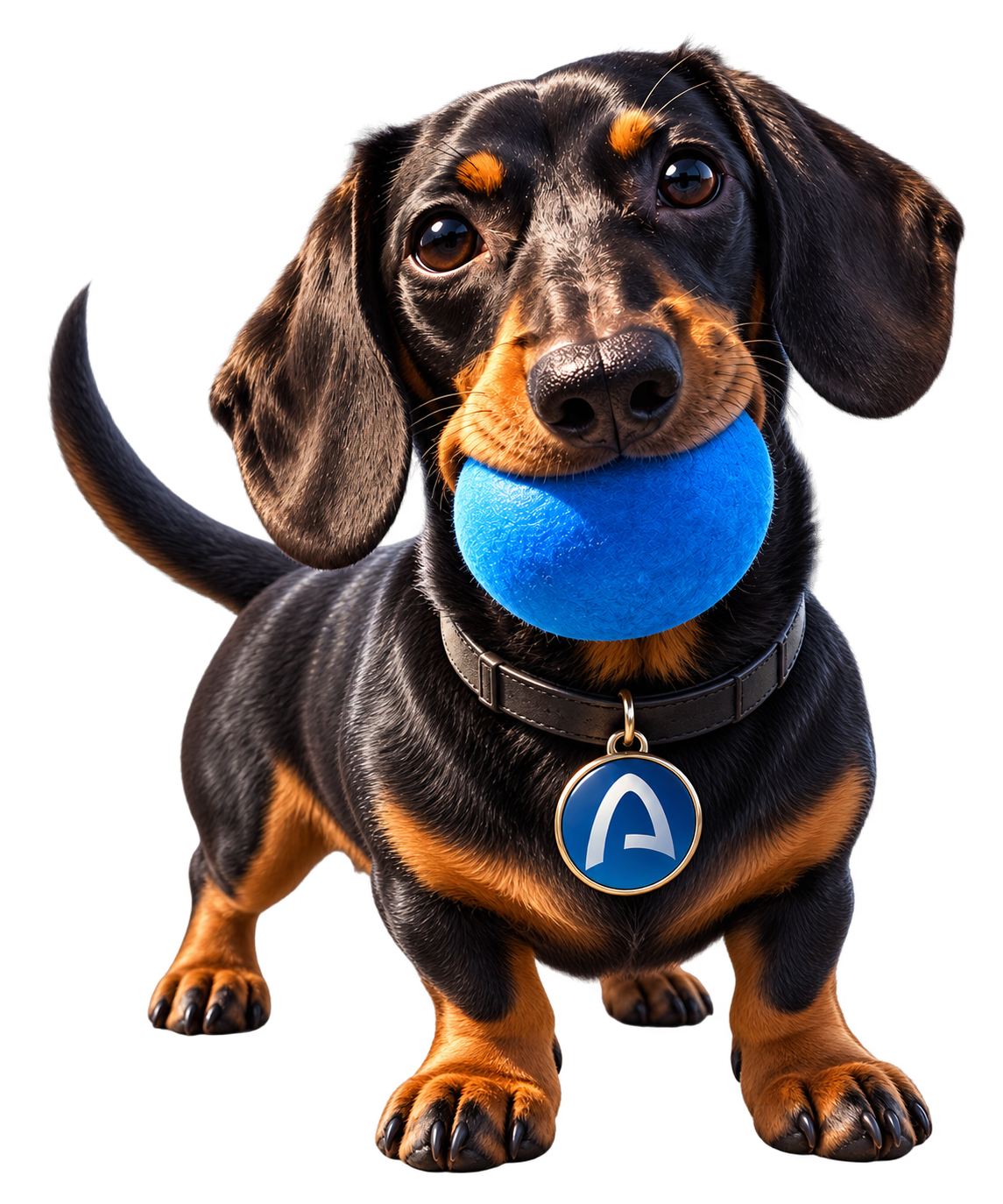 Tucker Budzyn standing with a bright blue tennis ball and an ARC collar tag